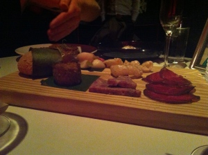 Another angle of the Terrine, Rillette, Rinds, pickled radishes, and air-dried beef.